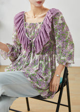 Load image into Gallery viewer, Purple Print Chiffon Shirts Ruffled Wrinkled Spring