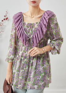 Purple Print Chiffon Shirts Ruffled Wrinkled Spring