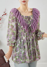 Load image into Gallery viewer, Purple Print Chiffon Shirts Ruffled Wrinkled Spring