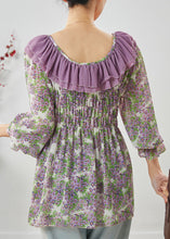 Load image into Gallery viewer, Purple Print Chiffon Shirts Ruffled Wrinkled Spring