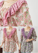 Load image into Gallery viewer, Purple Print Chiffon Shirts Ruffled Wrinkled Spring