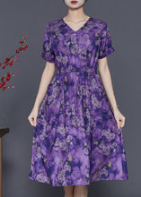 Load image into Gallery viewer, Purple Print Cotton Long Dresses Cinched Summer