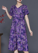 Load image into Gallery viewer, Purple Print Cotton Long Dresses Cinched Summer