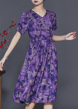 Load image into Gallery viewer, Purple Print Cotton Long Dresses Cinched Summer