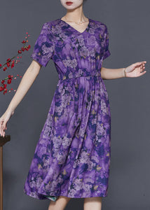 Purple Print Cotton Long Dresses Cinched Summer