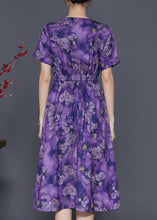 Load image into Gallery viewer, Purple Print Cotton Long Dresses Cinched Summer