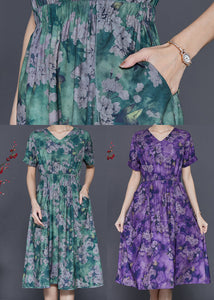 Purple Print Cotton Long Dresses Cinched Summer