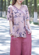 Load image into Gallery viewer, Purple Print Patchwork Loose Linen Tops V Neck Summer