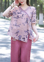 Load image into Gallery viewer, Purple Print Patchwork Loose Linen Tops V Neck Summer