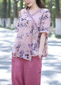 Purple Print Patchwork Loose Linen Tops V Neck Summer