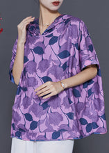 Load image into Gallery viewer, Purple Print Silk Blouse Shirt Top Hooded Summer