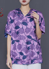 Load image into Gallery viewer, Purple Print Silk Blouse Shirt Top Hooded Summer