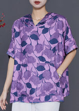 Load image into Gallery viewer, Purple Print Silk Blouse Shirt Top Hooded Summer