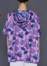 Load image into Gallery viewer, Purple Print Silk Blouse Shirt Top Hooded Summer