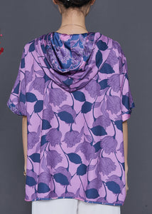 Purple Print Silk Blouse Shirt Top Hooded Summer