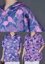 Load image into Gallery viewer, Purple Print Silk Blouse Shirt Top Hooded Summer