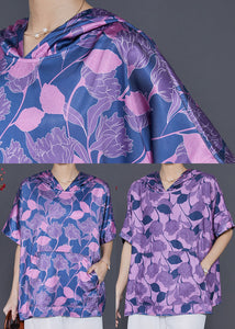 Purple Print Silk Blouse Shirt Top Hooded Summer