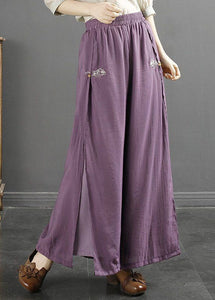 Purple Side Open Patchwork Cotton Pants Embroidered Summer