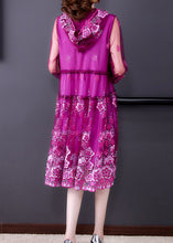 Load image into Gallery viewer, Purple Stand Collar Patchwork Tulle Hooded Maxi Dress Long Sleeve