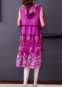 Purple Stand Collar Patchwork Tulle Hooded Maxi Dress Long Sleeve