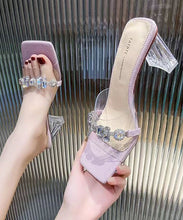 Load image into Gallery viewer, Purple Zircon Clear Chunky Heel Slide Sandals Peep Toe 2024 New