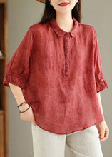 Load image into Gallery viewer, Red Button Print Linen Blouses Peter Pan Collar Summer