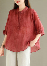 Load image into Gallery viewer, Red Button Print Linen Blouses Peter Pan Collar Summer