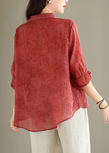 Load image into Gallery viewer, Red Button Print Linen Blouses Peter Pan Collar Summer