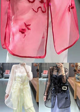 Load image into Gallery viewer, Red Button Thin Tulle Blouses Stand Collar Summer