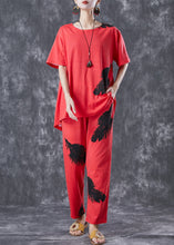 Load image into Gallery viewer, Red Cotton Two Pieces Set Oversized Feathers Print Summer