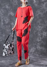 Load image into Gallery viewer, Red Cotton Two Pieces Set Oversized Feathers Print Summer