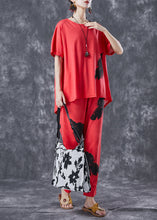 Load image into Gallery viewer, Red Cotton Two Pieces Set Oversized Feathers Print Summer