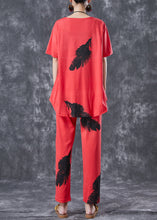 Load image into Gallery viewer, Red Cotton Two Pieces Set Oversized Feathers Print Summer