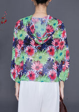 Load image into Gallery viewer, Red Floral Print Chiffon UPF 50+ Shirts Hooded Bracelet Sleeve