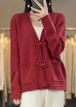 Load image into Gallery viewer, Red Hollow Out Pockets Wool Coats V Neck Long Sleeve