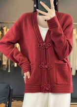 Load image into Gallery viewer, Red Hollow Out Pockets Wool Coats V Neck Long Sleeve