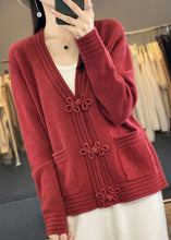 Load image into Gallery viewer, Red Hollow Out Pockets Wool Coats V Neck Long Sleeve