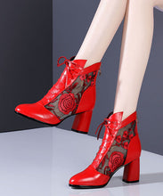 Load image into Gallery viewer, Red Lace Up Cowhide Leather Hollow Out Chunky Boots