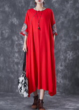 Load image into Gallery viewer, Red Linen Dresses Embroidered Exra Large Hem Half Sleeve