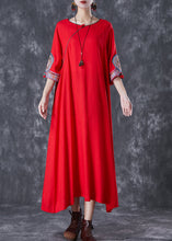 Load image into Gallery viewer, Red Linen Dresses Embroidered Exra Large Hem Half Sleeve