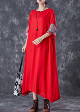 Load image into Gallery viewer, Red Linen Dresses Embroidered Exra Large Hem Half Sleeve