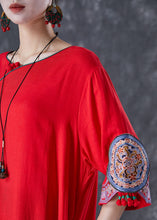 Load image into Gallery viewer, Red Linen Dresses Embroidered Exra Large Hem Half Sleeve