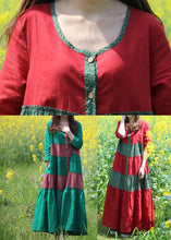 Load image into Gallery viewer, Red O-Neck Wrinkled Patchwork Long Dresses Spring