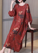 Load image into Gallery viewer, Red Print Button Silk Long Dress O Neck Half Sleeve