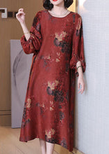 Load image into Gallery viewer, Red Print Button Silk Long Dress O Neck Half Sleeve