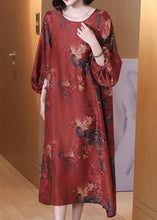 Load image into Gallery viewer, Red Print Button Silk Long Dress O Neck Half Sleeve