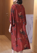 Load image into Gallery viewer, Red Print Button Silk Long Dress O Neck Half Sleeve