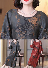 Load image into Gallery viewer, Red Print Button Silk Long Dress O Neck Half Sleeve