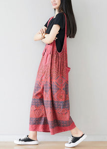 Red Print Cotton Jumpsuit Wide Leg Pants Oversized Spring