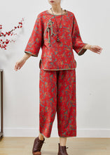 Load image into Gallery viewer, Red Print Cotton Oriental Two Pieces Set Side Open Summer